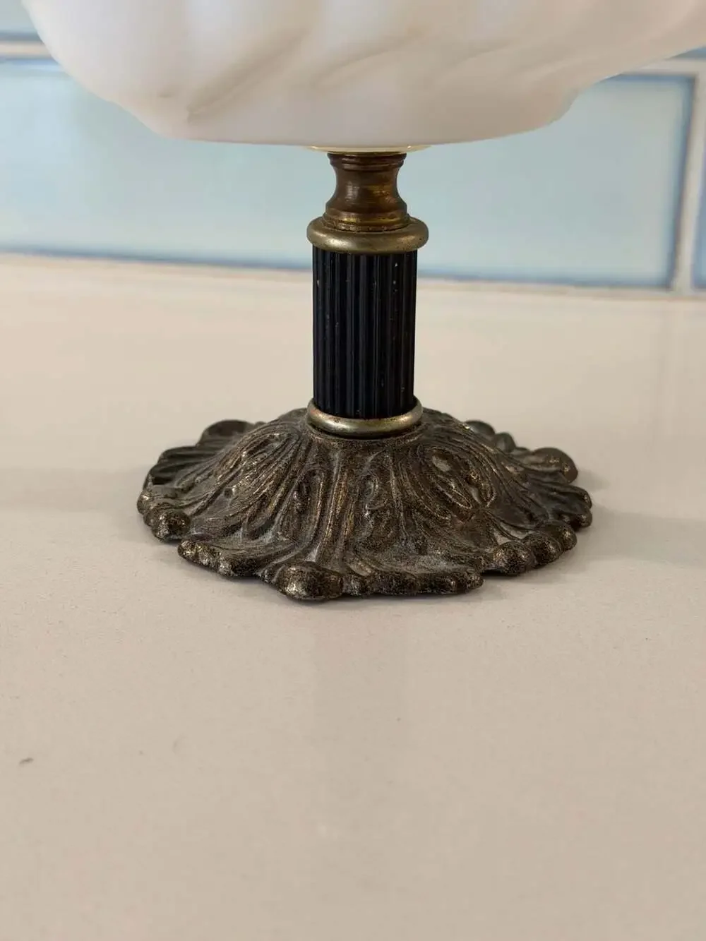 Vintage Milk Glass Seashell Trinket or Soap Dish on Ornate Metal Pedestal Base